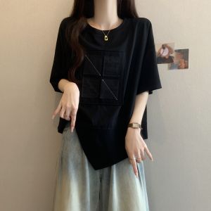 Pink Asymmetrical Slit Short Sleeve T-Shirt Womens Summer Fashionable Large Size Casual round Neck Top Unique Small Shirt