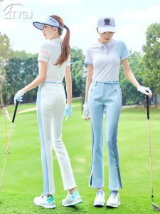 Golf Womens Trumpet Slim-Fit Trousers Slim Looking Elastic Elastic Waist White Blue Split Sports Pants