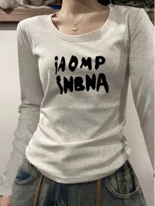 Áo Thun Cotton Màu Xám Dài Tay Cổ Tròn Ôm Vừa Vặn Mùa Xuân 2025 Phong Cách Mới Cho Nữ