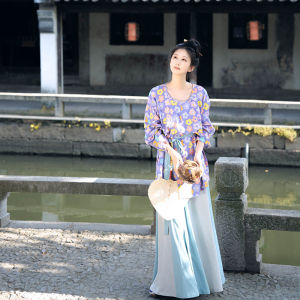 Shangyunle Tang Style round Neck Hanfu Print Womens Daily Wear Spring Summer Traditional Chinese Fashion Skirt Set