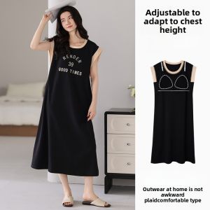 miiow | Pure Cotton Sleepwear Womens Mid-Length Sleeveless Home Clothes Nightgown Cat Person 2025 New Style With Chest Pad Outdoor Wearable
