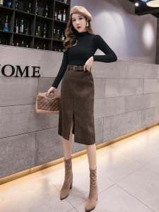 Adult Lady like Woman Fashion Suit Sweater Outer Wear Bottoming Shirt over the Knee High Waist Slim Looking Mid Length Long Length Slit Sheath Skirt One-Step Skirt