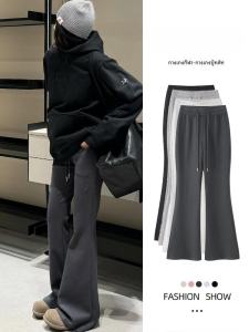 บานสีเทาเข้ม กางเกง ผู้หญิง เอวสูง ผ้าขนแกะ เรียงราย ลำลอง สไตล์สปอร์ต หลวมพอดียาว กางเกงขายาว ฤดูใบไม้ผลิ ฤดูใบไม้ร่วง ฤดูหนาว ใหม่ 2024