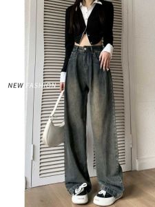 สูง เอว ขากว้าง เดนิม กางเกง ผู้หญิง ฤดูใบไม้ผลิ ฤดูใบไม้ร่วง New Style Loose พรางหุ่น Vintage Drape Straight Leg กางเกงขายาว กางเกงขายาว