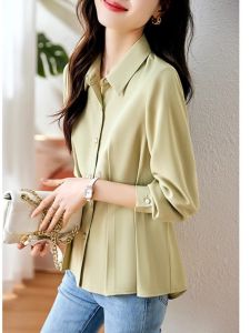 WANGGONGZHU | Princess Style Womens Chiffon Shirt Long Sleeve Spring Autumn New Design Slimming Belly Covering Fashionable Top Korean Straight Cut
