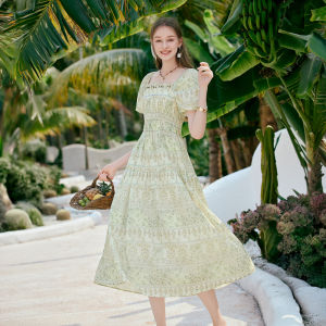 XIANGYING | Floral Stand-up Collar Puff Sleeve Fitted Vacation Dress