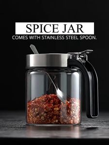 Locaupin Glass Seasoning Bottle Condiments Organizer Bottle Press Type Seasoning Jar Spice Container with Spoon