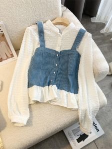 Áo Sơ Mi Nữ Tay Bồng Kiểu Pháp Giảm Giá Mùa Xuân Thu Thiết Kế Áo Cổ Tròn Dài Tay Áo Cánh Bèo Nhún Bèo Nhún