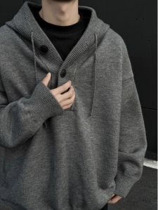 Gray Hooded Knitted Sweater Mens Thick Winter Inner Wear American Casual Style Heavyweight Sweatshirt Jacket for Teens