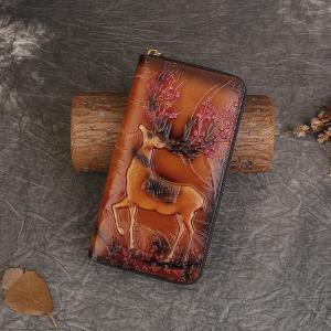 Retro Embossed Leather Wallet Top Layer Cowhide Long Zipper Large Capacity Handheld Bag Cross-Border New 2025 Functional Mini Bag