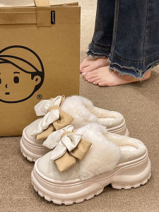 Height Increasing Cotton Slippers Female Autumn and Winter Indoor and Outdoor Cute Bows Fleece-Lined Fluffy Warm Non-Slip Platform Slippers