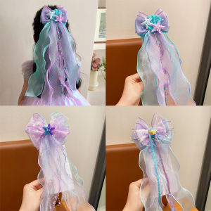 Princess Style Mermaid Ribbon Clip Childrens Colorful Ribbon Gradient Color Pearl Tassel Back Of The Head Hairpin Hair Accessor