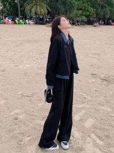 Denim Patchwork Fake Two-Piece Suit Set Womens Early Spring New Korean Style Lazy Casual Pants Two-Piece Set Fashionable Ensemble