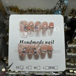 Handmade Bridal Nail Stickers Sparkling Diamond Butterfly Knot Cat Eye High-End Wearing False Nails Gentle Color Series