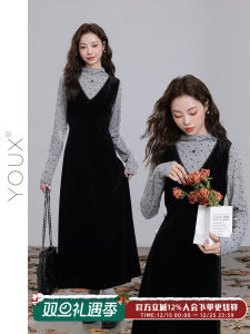 Misty Black Swan Velvet Vest Dress Womens Slim Fit High Waist A-Line Skirt Midi Dress Vintage Style Autumn New Arrival