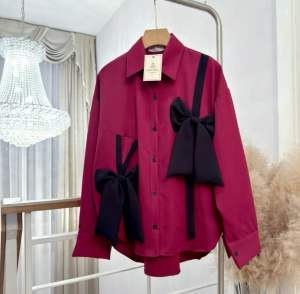 🔆Sunny🔆เสื้อเชิ้ตแต่งโบว์หน้า ทรงOversize สีพื้น&ลายริ้ว🍒ใส่เป็นMinidressได้ เชิ้ตแขนยาวผูกโบว์ใหญ่