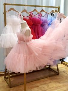 Red Puffy Tulle Flower Girls Dress Trailing First Communion Party Dresses For Girl Children Costume Princess Birthday Clothes