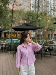 Áo sơ mi kẻ sọc dài tay dáng crotop đuôi tôm form rộng chất thô mềm phối túi trước lên form chuẩn trẻ trung thanh lịch