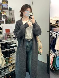 Gray Knitted Open Cardigan Womens Autumn Winter Loose Long Sleeve V-Neck Sweater Outerwear Comfortable Versatile Fashionable