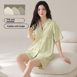miiow | Pure Cotton Sleepwear Womens Summer New Loose Breathable Home Clothes Set With Chest Pad Comfortable Soft Short Sleeve Nightgown