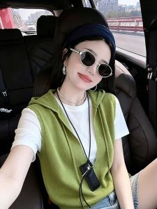 Loowmane | Áo Nữ Không T Tay Kẻ Lớp Mũ Trùm Màu Xanh Bơ Phong Cách Trẻ