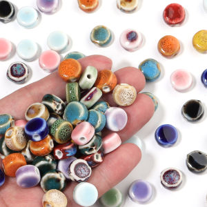 10pcs/lot Flat Round Ceramic Beads Colorful Floral Glaze Beads Porcelain Loose Spacer Bead For DIY Jewelry Making Bracelet
