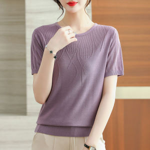 Ice Silk Knitted Short Sleeve T-Shirt Women Middle-Aged Mom Fashion Summer Clothes New 2025 Thin Belly Covering Top
