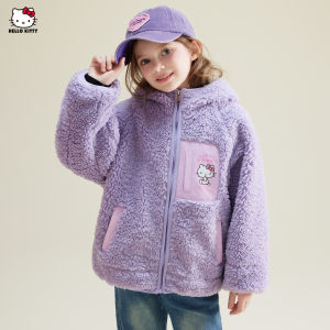 Sweet HelloKitty Girls Winter Thickened Lamb Fur Hooded Coat Childrens Printed Outerwear Polyester Fiber Long Sleeve Zipper