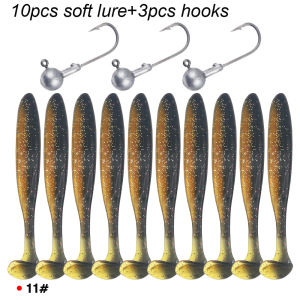 10Pcs Soft Lure 3Pcs Jig Head Hooks Combo 6/7/9/12cm Silicone Worm Bait Multi Weight Lead Hooks For Bass Saltwater Fishing
