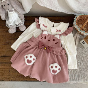 ชุดเดรสเด็กผู้หญิงฤดูใบไม้ร่วง 2025 ชุดเด็กผู้หญิงลายการ์ตูนน่ารัก กระโปรงทรงดอกไม้ คอตั้ง ชุดเด็กผู้หญิงน่ารัก