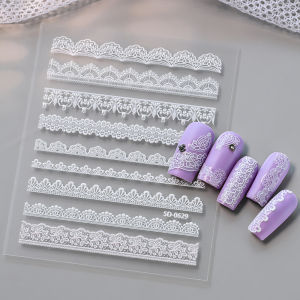 1Pcs Vintage Black White Lace V French Nail Stickers 5D Floral Self Adhesive Nails Decals for Wedding Bridal Daily DIY Manicure