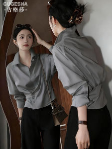 French Chic Grey Long Sleeve Womens Shirt Slim Fit Versatile Waist-Cinching Luxury Autumn New Style Commute Wind Button Detail