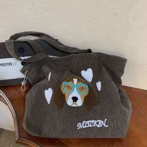 Cute Embroidered Corduroy Tote Bag Big Capacity Sausage Dog Shopping Bag Womens Fashion Canvas Bag Shoulder Bag Handbag