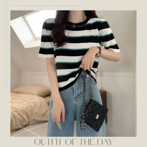 QXshop พร้อมส่ง เสื้อยืดผญลายทางกรีนลายซิปสลับสี มีให้เลือก 4 สี 4 แบบ