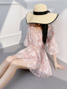 Womens Long Sleeve Swimsuit Sun Protection Thermal Spring Bathing Suit Belly Covering Slimming Three Piece Set V Neck Chest Pad