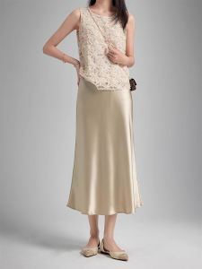 Champagne Color Acetate Satin Fish Tail Half-length Skirt Womens plus Size Soft Hiding Hip High Waist Slimming Long Skirt