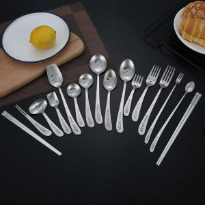 304 Stainless Steel Childrens Fork Spoon Smiley Face Baby Feeding Spoon Flat Chopsticks Thickened For Home round Spoon Adult Spoon Fork