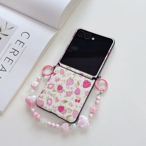 szhaiyu | Phone Case For Samsung Galaxy Z Flip 8 7 6 5 4 3 With Luxury Retro Flower Crystal Beads Chain With Wrist Strap Shockproof Cover
