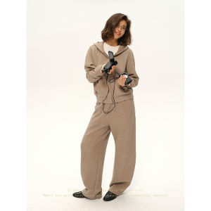 SHEITAOZI | Pure Color Loose Casual Hooded Short Coat & Straight Pants Set