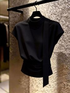 Black Collared Waist-Tying Top Slim Fashion