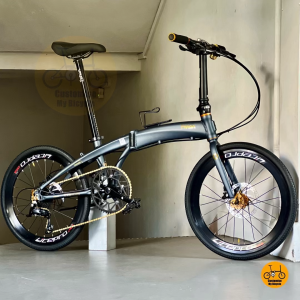 Fnhon Tornado 22" Folding Bike With Shimano 9 Gears Black Rim Gold Hub MRT Friendly Litepro Kenda Dark Teal Blue Gold Customised Saddle