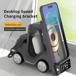 【Ready Stock】5 in 1 Desktop Holder Wireless Fast Charging Charger Creative Car Shape Multifunctional Alarm Clock with Cool Atmosphere Light for iPhone Samsung Huawei/Apple Watch Galaxy Watch/AirPods Samsung Galaxy Buds Huawei Buds