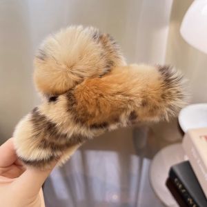 Autumn Winter Large Size Plush Rabbit Fur Black Hair Claw Clip Womens Fashion Sensation Hair Accessories Super Jumbo Size
