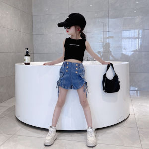Girls Summer Outfit Korean Style Backless Sleeveless Denim Shorts Two-Piece Set for Ages 3-14 Cotton Blend Comfortable Clothing