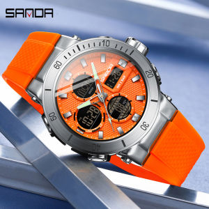SANDA Sport Mens Watch Orange Silicone Strap Luxury Waterproof Chronograph Quartz Wristwatches Digital Date and Week Clock