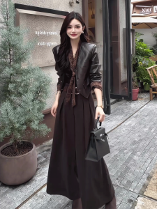 DANTING | Vintage Style PU Leather Jacket and Caramel Wide Leg Pants Set