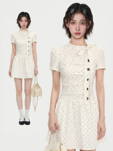 KBVVR | Polka Dots Bow Short Sleeve School Style Fitted A-line Dress