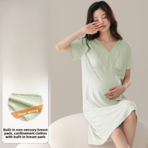 miiow | Breathable Cat Lady Postpartum Sleepwear Summer Soft Home Clothes Womens Nightgown With Chest Pad Casual Home Style V-neck Short Sleeve