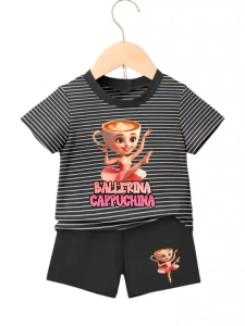 Setelan Baju Kaos Kombinasi Salur untuk anak perempuan Motif BALLERINA CAPPUCHINA Viral Usia 1-8 Thn