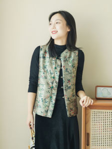 Elegant Chinese Retro Embroidered Vest Womens Autumn Winter Button up Stand Collar Jacket Commute Style Floral Print